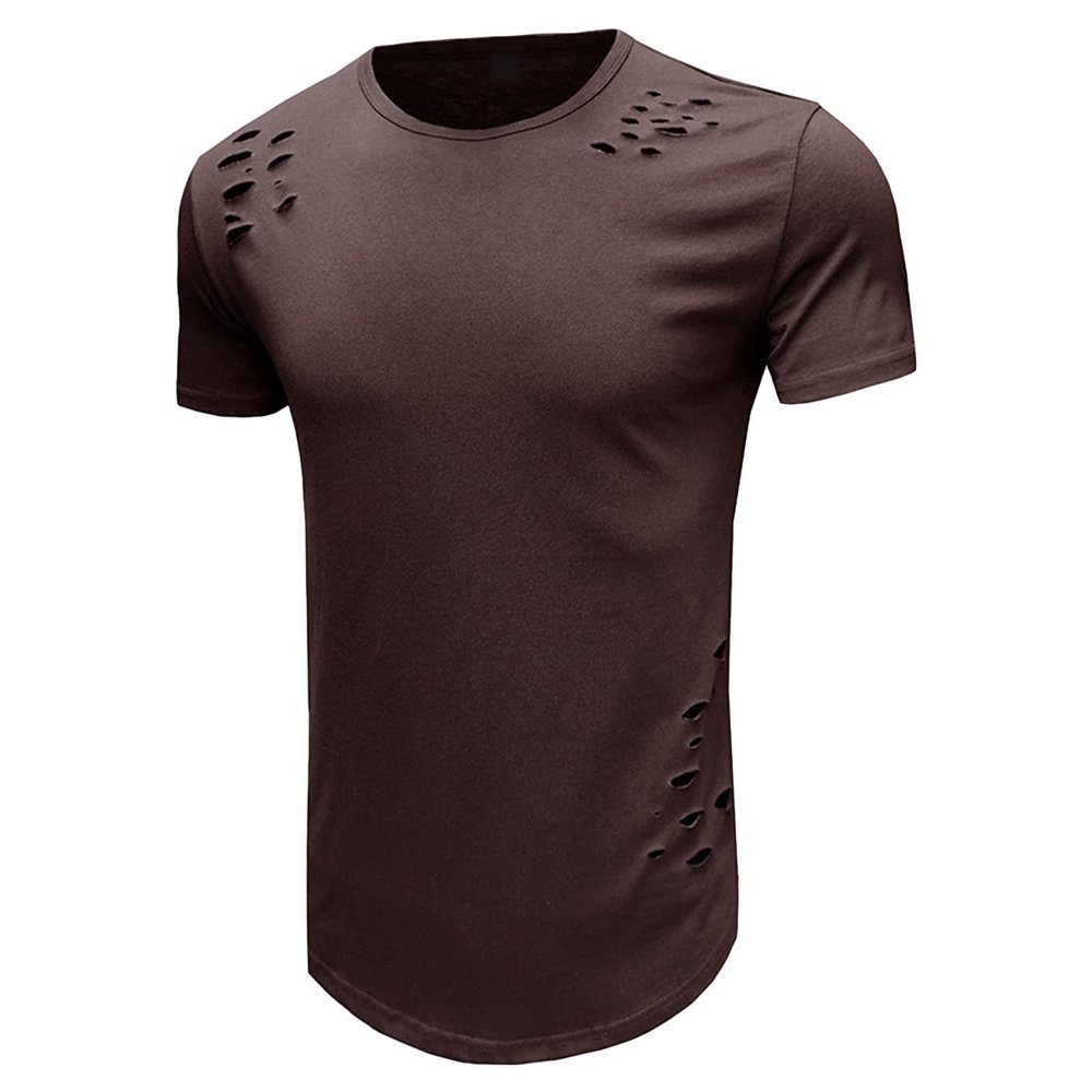 SWJGLITTR Mens Muscle Slim Fit Short Sleeve Crewneck Gym Bodybuilding T Shirt Workout Athletic Summer Hole T-Shirts (Brown,Large)