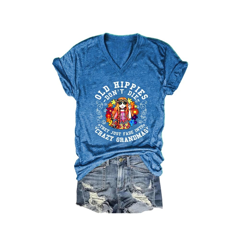 Old Hippies Don't Die Grandma Shirt Old Hippies Don't Die Grandma Sweatshirt Grandma Tshirts Shirts for Women V Neck Tee Shirts Women Short Sleeve Loose V-Neck Tshirt Blue