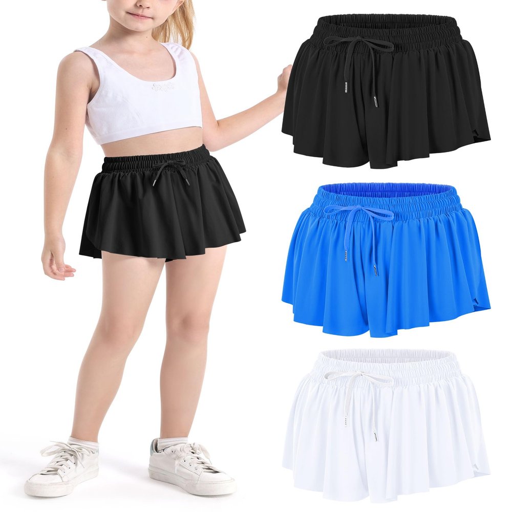 Auranso Girls Flowy Shorts with Pocket 2-in-1 Athletic Running Butterfly Shorts 3Pack Black-Blue-White 7-8 Years