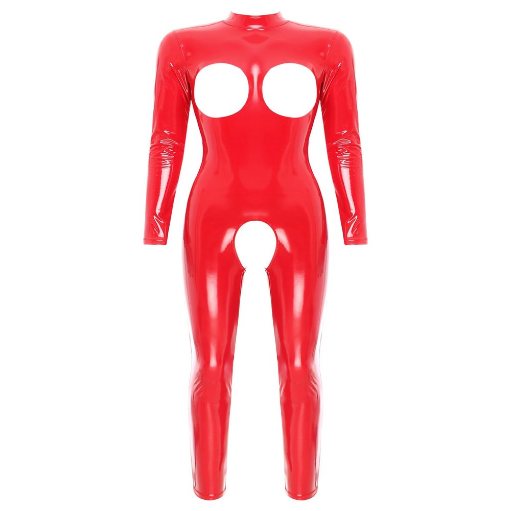 easyforever Women Sexy Hollow Out Bodysuit Lingerie Clubwear Patent Leather Invisible Zipper Latex Catsuit Red Long Sleeve Large