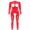 easyforever Women Sexy Hollow Out Bodysuit Lingerie Clubwear Patent Leather Invisible Zipper Latex Catsuit Red Long Sleeve Large view 1