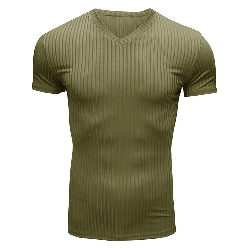 Mens V Neck Striped Short Sleeve Casual Muscle Gym Athletic T Shirt Lightweight Wicking Dry Fit T-Shirts (Military Green,X-Large)