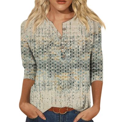 5XL Beige Cotton 3/4 Sleeve Tops - Dressy & Casual Collared Blouses for Women