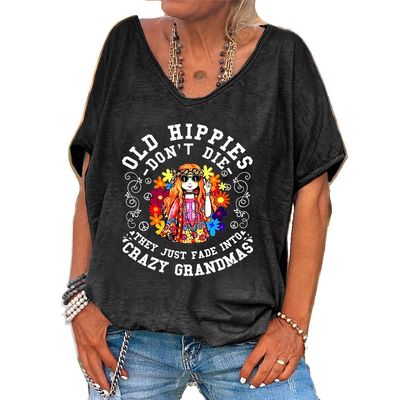 Old Hippies Don't Die Grandma Shirt Old Hippies Don't Die Grandma Hoodie Grandma Tshirts Shirts for Women Vintage Shirt Casual Vneck Tee Top Black