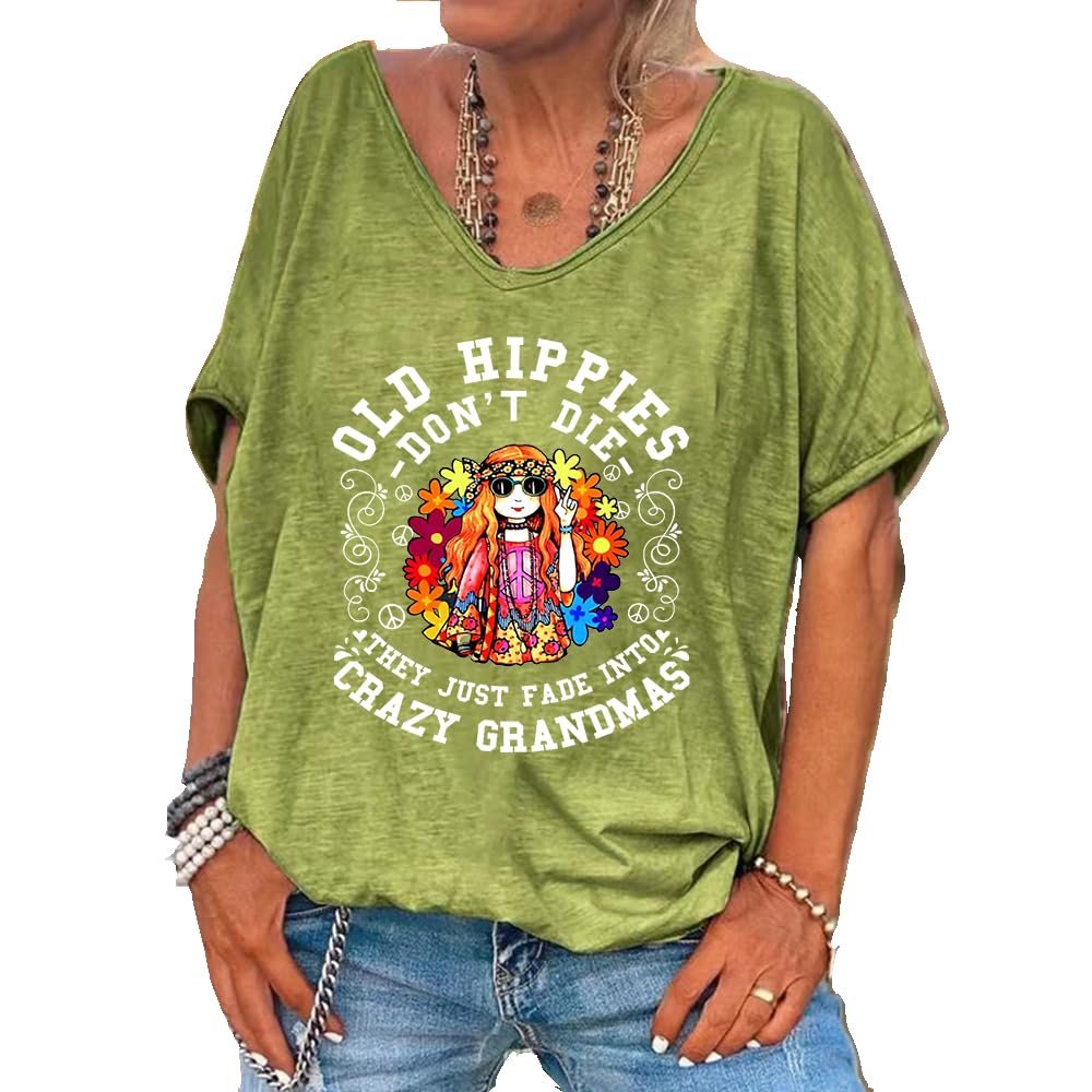 Old Hippies Don't Die Grandma Shirt Old Hippies Don't Die Grandma Hoodie Grandma Tshirts Shirts for Women Vintage Shirt Casual Vneck Tee Top Green