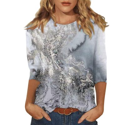 3/4 Length Sleeve Womens Tops Plus Size Printed Casual Crewneck T Shirts Dressy Loose Fit Vintage Summer Three Quarter Length Tunic Tops Trendy Floral Blouse 2024 Womens Tops 3/4 Length Sleeves