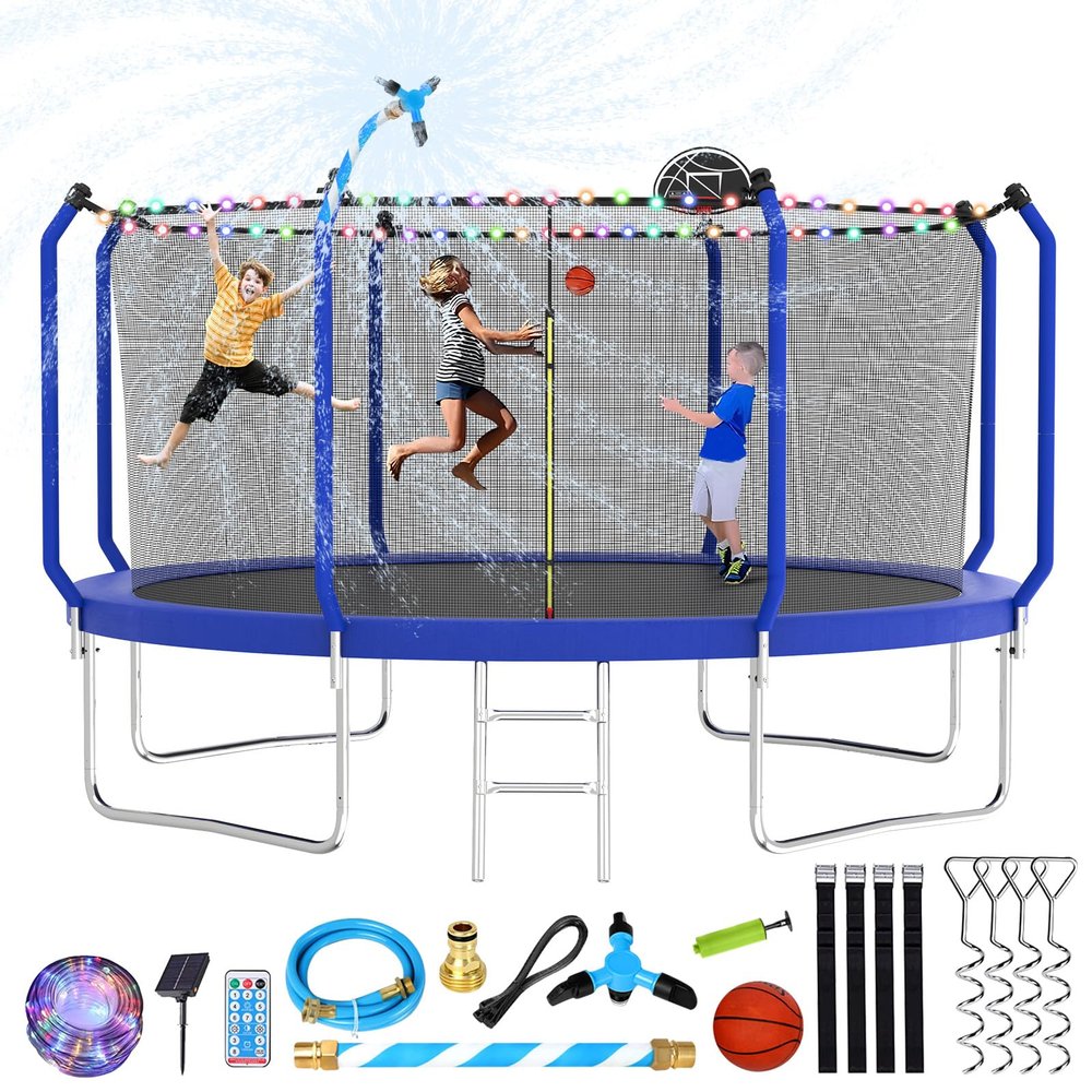Lyromix Upgraded 14FT Trampoline for Kids and Adults, Large Outdoor Trampoline with Basketball,Stakes, Light, Sprinkler,Basketball Hoop and Net, Capacity for 5-8 Kids and Adults