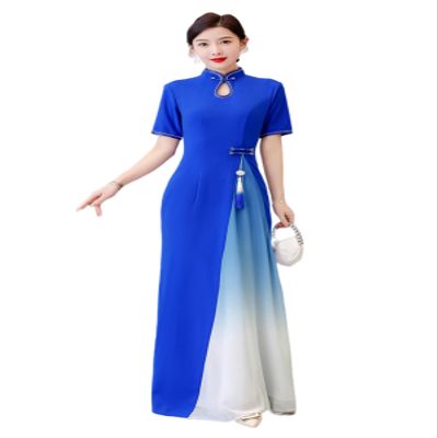 LRYBSA Women's Chiffon Long Cheongsam Short Sleeve Chi-pao Dress Evening Party Wedding Guest Gown Qipao Royal Blue