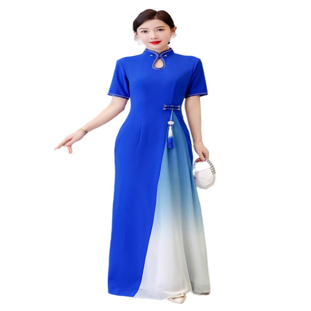 LRYBSA Women's Chiffon Long Cheongsam Short Sleeve Chi-pao Dress Evening Party Wedding Guest Gown Qipao Royal Blue