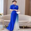 LRYBSA Women's Chiffon Long Cheongsam Short Sleeve Chi-pao Dress Evening Party Wedding Guest Gown Qipao Royal Blue view 2