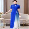 LRYBSA Women's Chiffon Long Cheongsam Short Sleeve Chi-pao Dress Evening Party Wedding Guest Gown Qipao Royal Blue view 3