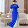 LRYBSA Women's Chiffon Long Cheongsam Short Sleeve Chi-pao Dress Evening Party Wedding Guest Gown Qipao Royal Blue view 4