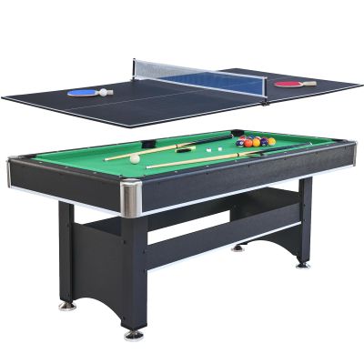 6-Foot Pool Table with Table Tennis Top, Multi Game Table with Green Felt and Black Table Tennis Surface, Billiard Table with Table Tennis Conversion Top