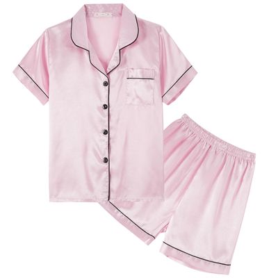 Hupohoi Unisex Kids Boys and Girls Pajama Sets Summer Short Sleeve With Shorts Sleepwear Silky Button Down Loungewear, 2pcs-Pink, 14