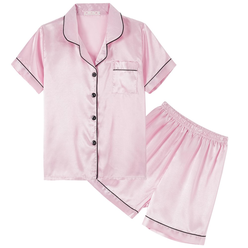 Hupohoi Unisex Kids Boys and Girls Pajama Sets Summer Short Sleeve With Shorts Sleepwear Silky Button Down Loungewear, 2pcs-Pink, 14