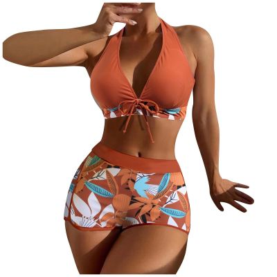 Bikini Sets for Women,2024 Summer Sexy Push Up V Neck Halter Tie Up Top Two Piece Swimsuit,Trendy Floral Print Hawaiian Tropical High Waisted Tummy Control Swim Shorts Beachwear(Ginger,X-Large)