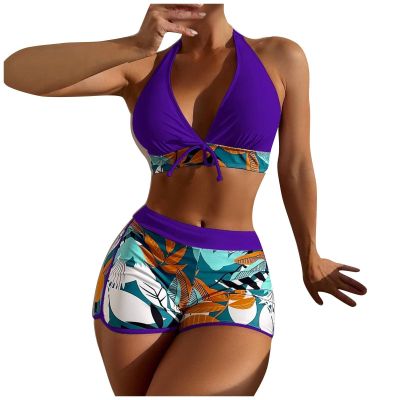 Bikini Sets for Women,2024 Summer Sexy Push Up V Neck Halter Tie Up Top Two Piece Swimsuit,Trendy Floral Print Hawaiian Tropical High Waisted Tummy Control Swim Shorts Beachwear(Purple,S)