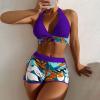 Bikini Sets for Women,2024 Summer Sexy Push Up V Neck Halter Tie Up Top Two Piece Swimsuit,Trendy Floral Print Hawaiian Tropical High Waisted Tummy Control Swim Shorts Beachwear(Purple,S) view 2