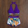 Bikini Sets for Women,2024 Summer Sexy Push Up V Neck Halter Tie Up Top Two Piece Swimsuit,Trendy Floral Print Hawaiian Tropical High Waisted Tummy Control Swim Shorts Beachwear(Purple,S) view 3