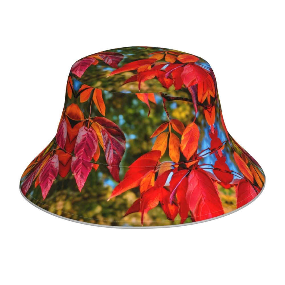 Fall Red Leaves and Fruits Print Wide Brim Foldable,Sun Bucket Hat,Summer Sun Beach Fishing Cap for Men and Women Fisherman