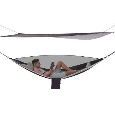 Camping Hammock with Net Tent and Rain Fly Tarp, 2 in 1 Portable Tree Hammock Outdoor, Tree Strap Hammock Set for Camping, Traveling, Hiking, Built-in Pocket, Load Max 440.9 lbs (Black+Gray)