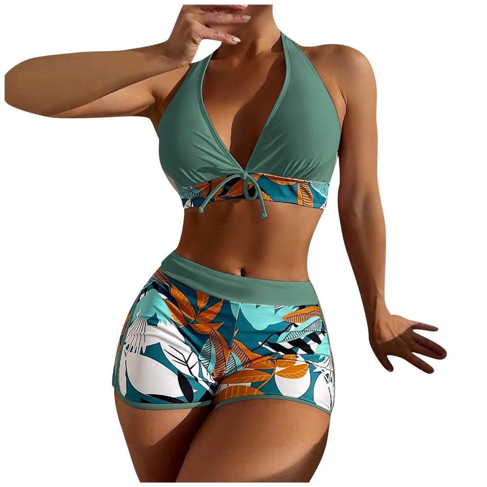 Bikini Sets for Women,2024 Summer Sexy Push Up V Neck Halter Tie Up Top Two Piece Swimsuit,Trendy Floral Print Hawaiian Tropical High Waisted Tummy Control Swim Shorts Beachwear(Dark Green,M)