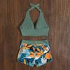 Bikini Sets for Women,2024 Summer Sexy Push Up V Neck Halter Tie Up Top Two Piece Swimsuit,Trendy Floral Print Hawaiian Tropical High Waisted Tummy Control Swim Shorts Beachwear(Dark Green,M) view 3