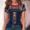 2024 Summer Short Sleeve Mexican Shirts for Women Floral Embroidered Print Blouse Ethnic Style Boho Tops T-Shirts view 4