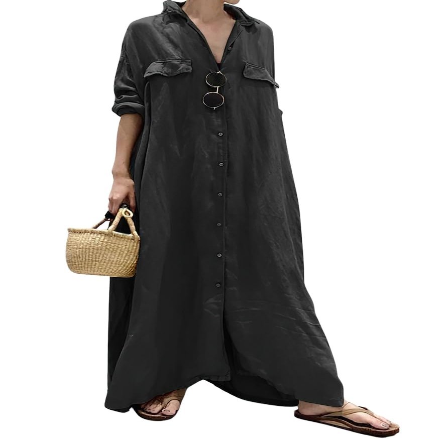 chouyatou Women's Casual Long Sleeve Maxi Shirt Dress Loose Fit Cotton Button Down Swing Long Dress (Large, Black)