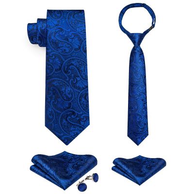 DiBanGu 2PCS Set for Father and Son Tie Silk Mens and Boys Adjustable Necktie & Pocket Square Cufflinks Kids Pre-tied Necktie, Royal Blue