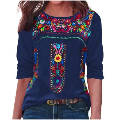 2024 Vintage Tops for Women Summer Boho Embroidered Tunics Mexican Blouse Casual Long Sleeve Crewneck Tee Shirts