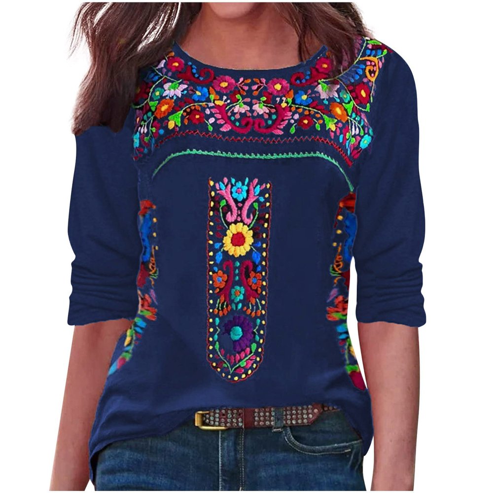 2024 Vintage Tops for Women Summer Boho Embroidered Tunics Mexican Blouse Casual Long Sleeve Crewneck Tee Shirts