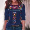 2024 Vintage Tops for Women Summer Boho Embroidered Tunics Mexican Blouse Casual Long Sleeve Crewneck Tee Shirts view 2