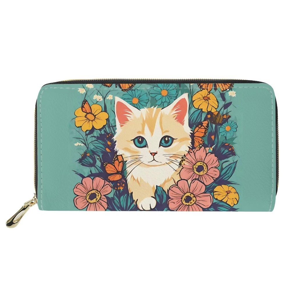 Mumeson Wallet Coin Purse Zipper Pouch Card Storage Purse Small Handbag Cosmetic Bag, Floral Blossoms Cat