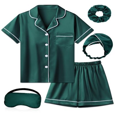 ALHAVONE Kids Girl Pajama Set with Headband Blindfold Hair Tie Toddler Boy Girl Satin Silky Button-up Pajama Sleepwear (Deep green-short, 130)