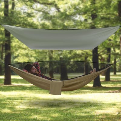 LOHISHILO Camping Hammock - Hammocks with Net Tent and Rain Fly Tarp, Portable Single & Double Nylon Parachute Hammock with Heavy Duty Tree Strap, Outdoor Backpacking Survival Travel, Blackish Green