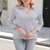 ORANDESIGNE Women's 3/4 Sleeves V Neck Polo Shirts Casual Summer Tops Basic Collar Cute Tees Grey view 3