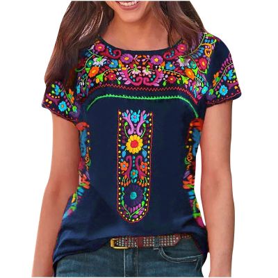 2024 Summer Short Sleeve Mexican Shirts for Women Floral Embroidered Print Blouse Ethnic Style Boho Tops T-Shirts