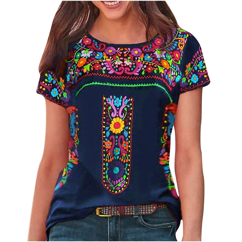 2024 Summer Short Sleeve Mexican Shirts for Women Floral Embroidered Print Blouse Ethnic Style Boho Tops T-Shirts