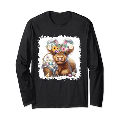 Baby Highland Cow Flowers Easter Eggs Bunny Ear Cow Lover Long Sleeve T-Shirt