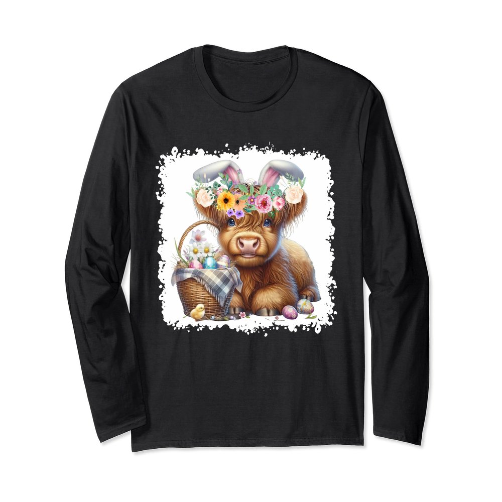 Baby Highland Cow Flowers Easter Eggs Bunny Ear Cow Lover Long Sleeve T-Shirt