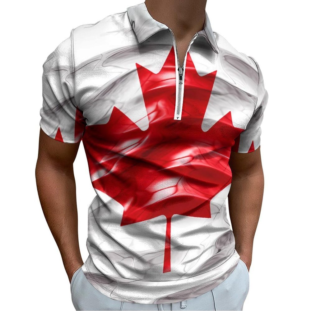 Canada Flag Polo Shirts for Men Zip Up Short Sleeve Golf Shirt Casual Collared T Shirt 2XL