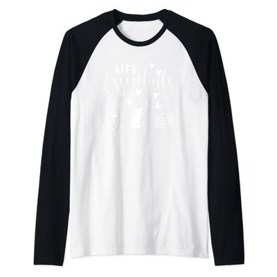 Life Essentials Funny Books Cats Coffee Lover Reading Kitten Raglan Baseball Tee