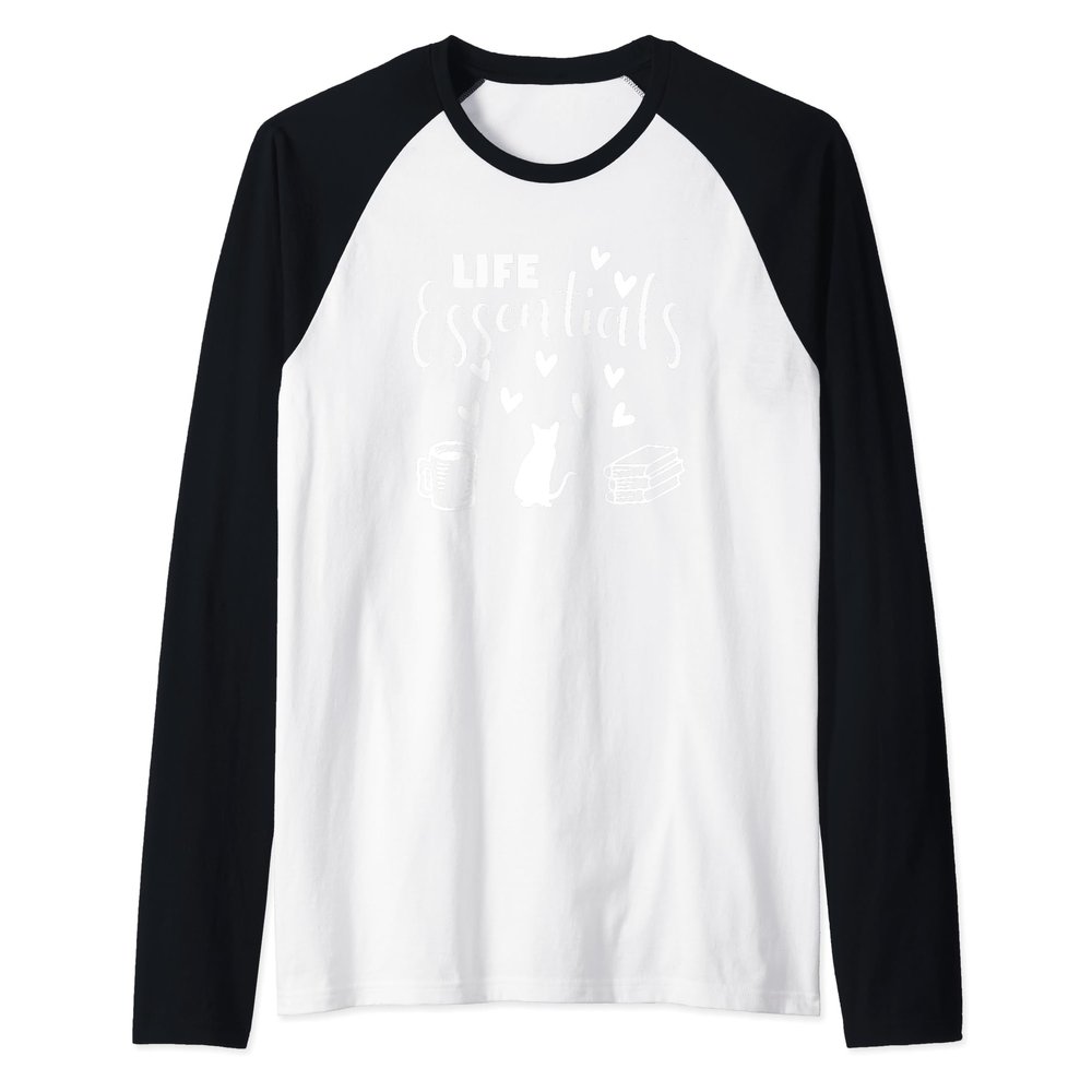 Life Essentials Funny Books Cats Coffee Lover Reading Kitten Raglan Baseball Tee