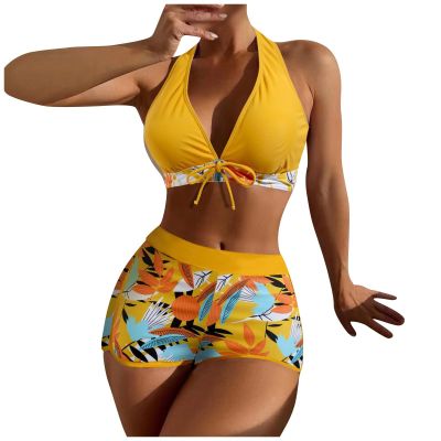 Bikini Sets for Women,2024 Summer Sexy Push Up V Neck Halter Tie Up Top Two Piece Swimsuit,Trendy Floral Print Hawaiian Tropical High Waisted Tummy Control Swim Shorts Beachwear(Yellow,M)
