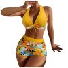 Bikini Sets for Women,2024 Summer Sexy Push Up V Neck Halter Tie Up Top Two Piece Swimsuit,Trendy Floral Print Hawaiian Tropical High Waisted Tummy Control Swim Shorts Beachwear(Yellow,M) view 1