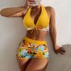 Bikini Sets for Women,2024 Summer Sexy Push Up V Neck Halter Tie Up Top Two Piece Swimsuit,Trendy Floral Print Hawaiian Tropical High Waisted Tummy Control Swim Shorts Beachwear(Yellow,M) view 2