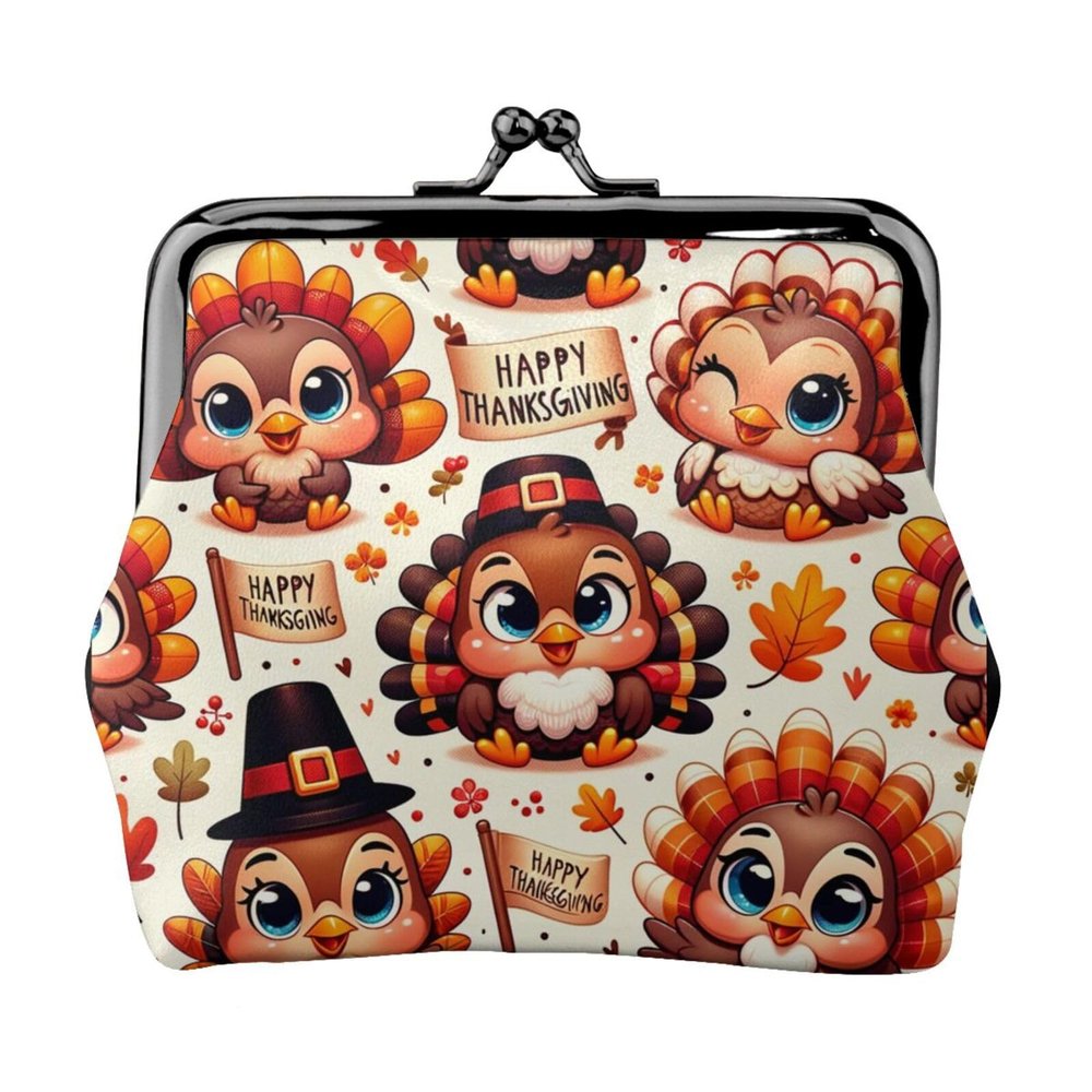 Pu Leather Buckle Coin Purse Cute-Turkey-For-Thanksgiving Girls Kiss-Lock Change Purse Wallets