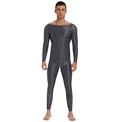 Freebily Men's 2Pcs Nylon Long Sleeves Undershirts with Skinny Tights Leggings Shapewear Costume Dark Grey X-Large