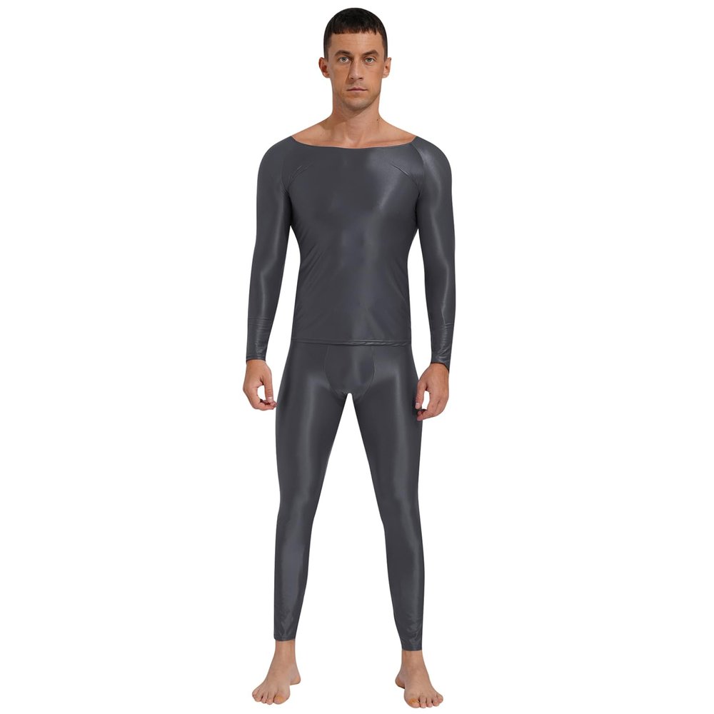 Freebily Men's 2Pcs Nylon Long Sleeves Undershirts with Skinny Tights Leggings Shapewear Costume Dark Grey X-Large